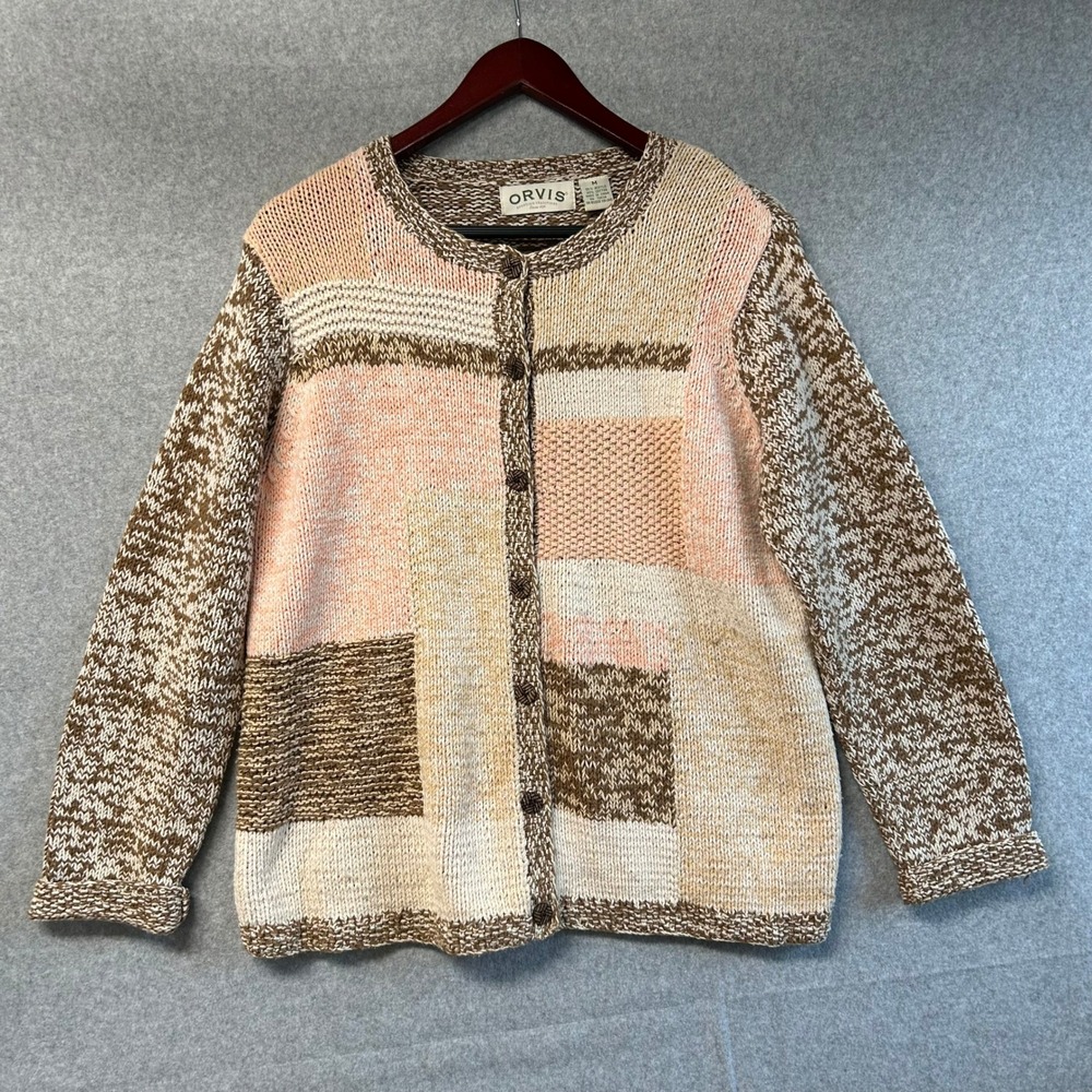 Orvis Womens Medium Cardigan Sweater Patchwork Colorblock Cotton Mix Pink Brown